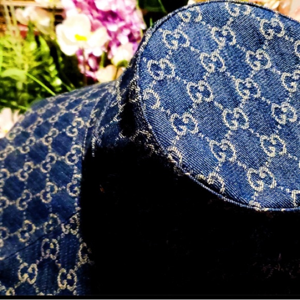 Denim Monogram Wide Large Brim Jacquard Bucket Hat Navy Blue Beach Sun Coverage - Picture 15 of 16